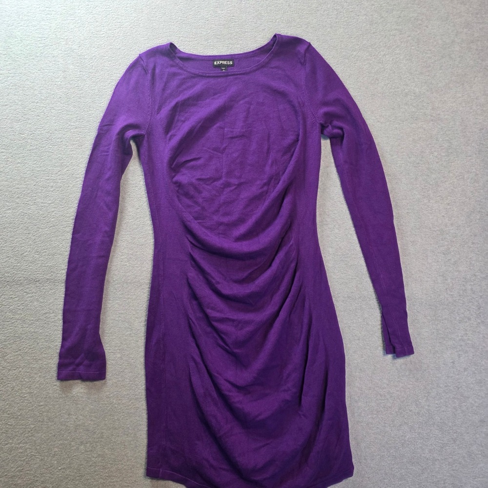 Express Bodycon Mini Dress Womens Small Purple Long Sleeve Ruched Fitted Party